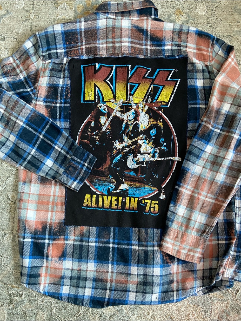 Handcrafted Distressed Flannel and Graphic Tee featuring Kiss Alive In 75